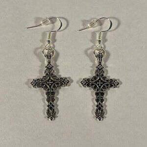 Ornate Silver Cross Dangle Earrings Medium NWT